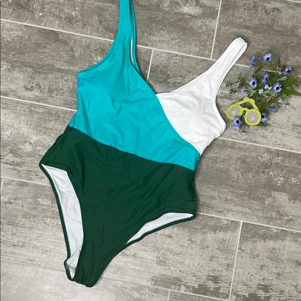 Colorblock One-Piece Swimsuit - Green, Teal, and White. Brand new never worn.